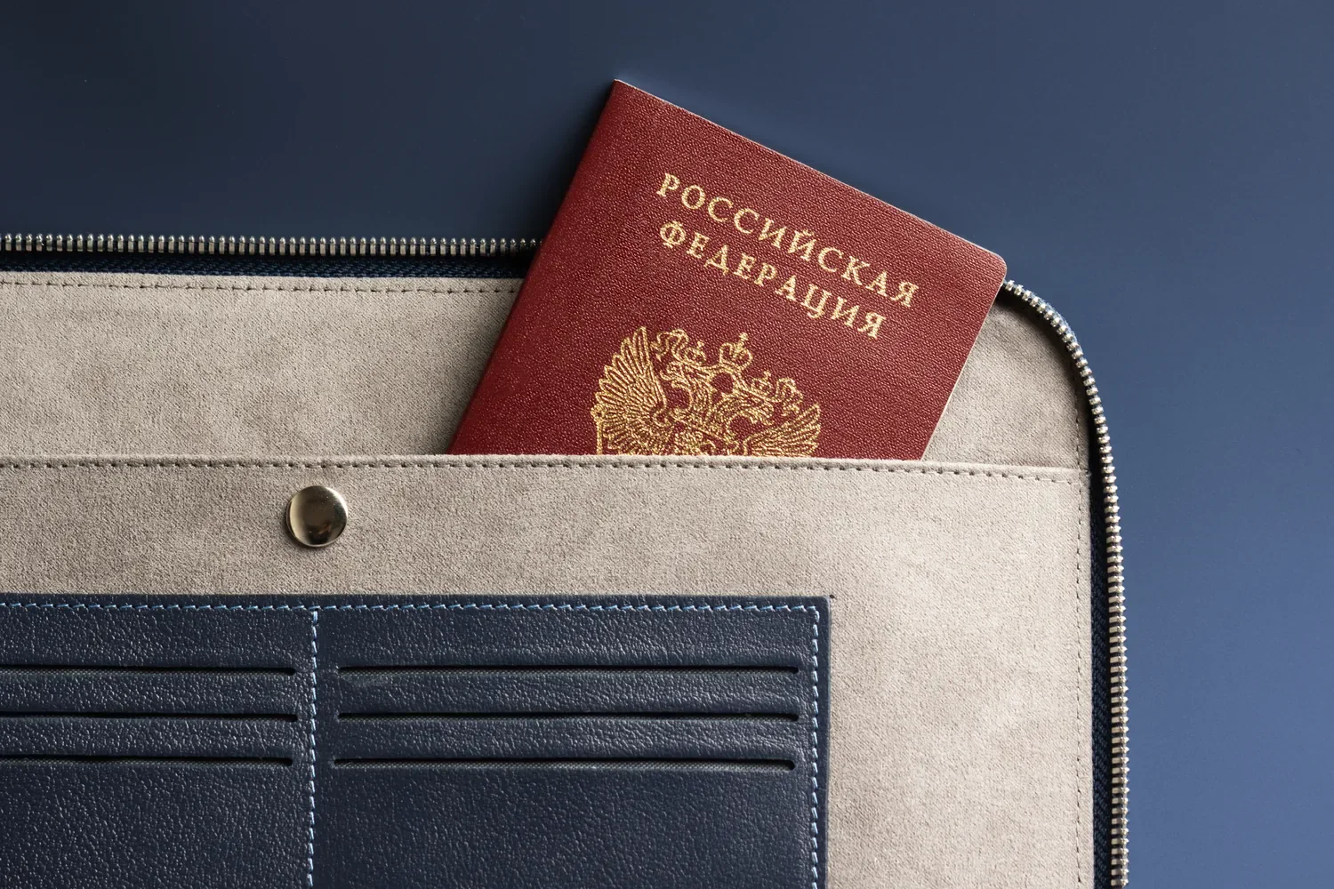 Внутренние карманы кожаной папки с паспортом